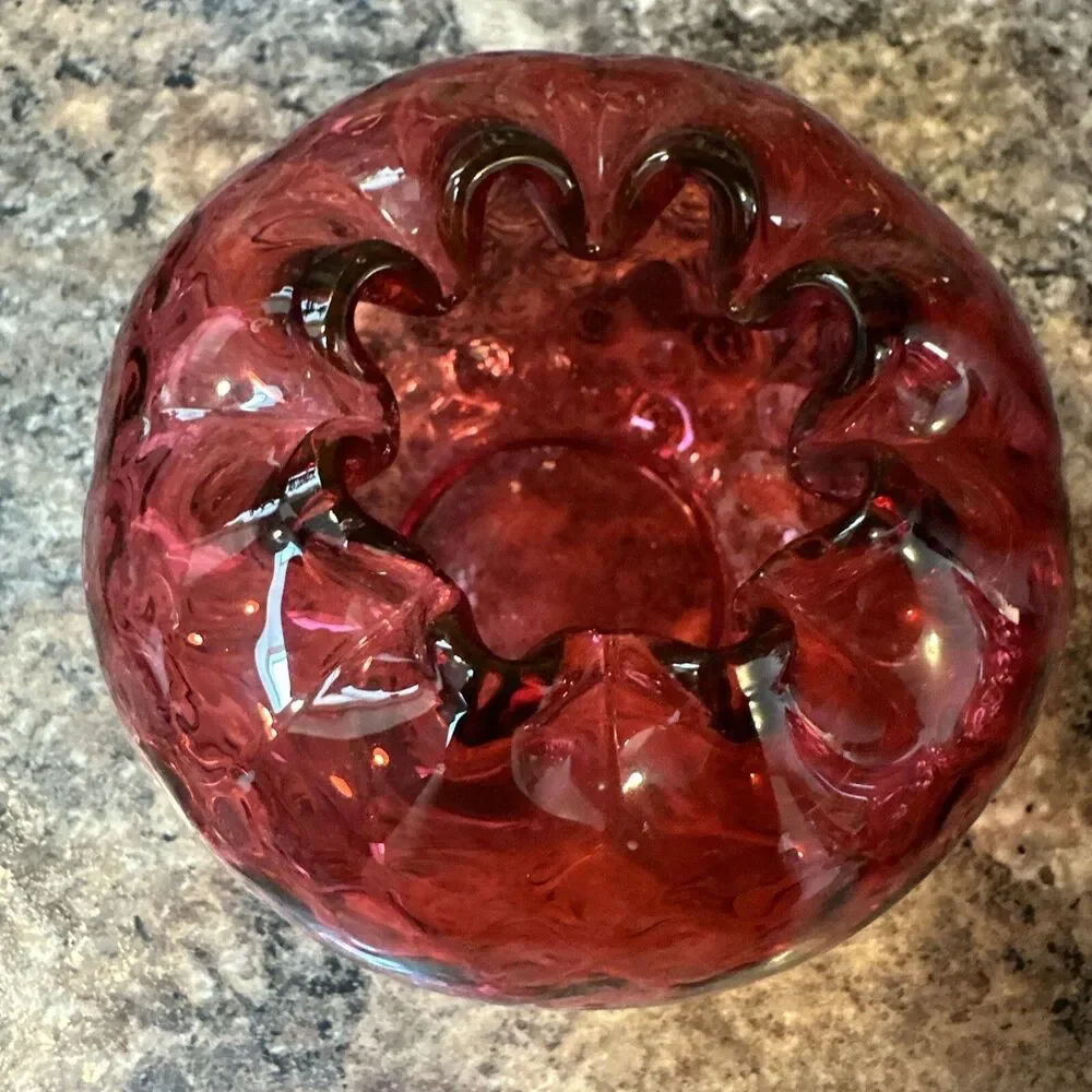 Fenton Cranberry Glass Rose Bowl Vase Reverse Coin Dot Crimped vase